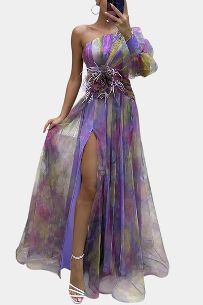 Amelie | Vestido Maxi Asimétrico de Un Hombro con Estampado Artístico