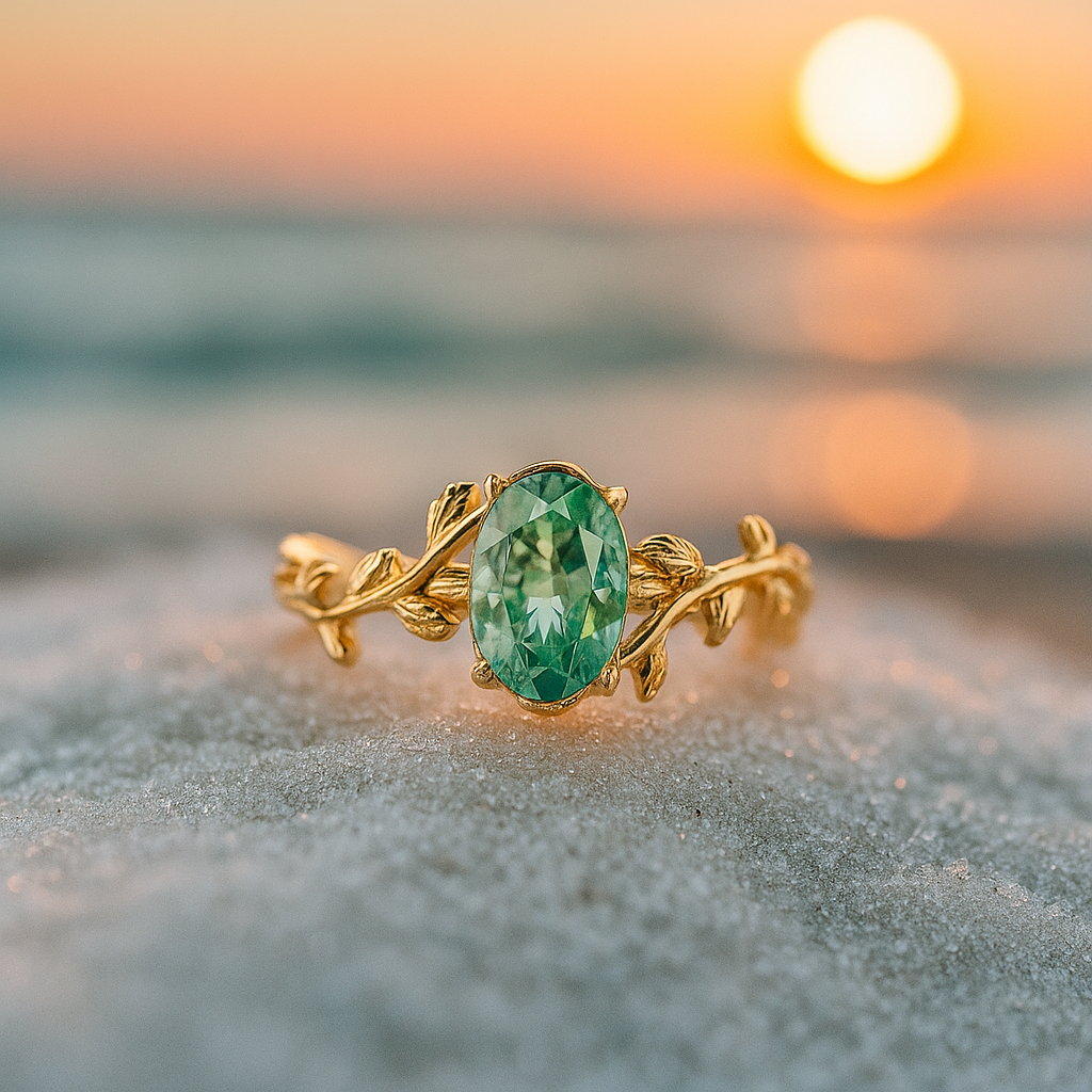 Smaragdwind | anillo de oro con ágata verde y motivo de hojas