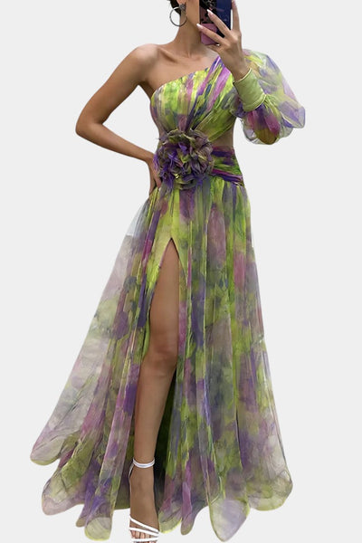 Amelie | Vestido Maxi Asimétrico de Un Hombro con Estampado Artístico