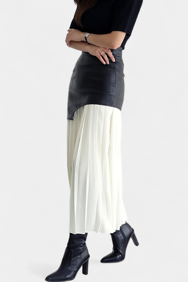 Noelle | Falda Maxi Asimétrica de Chifón y Cuero Sintético