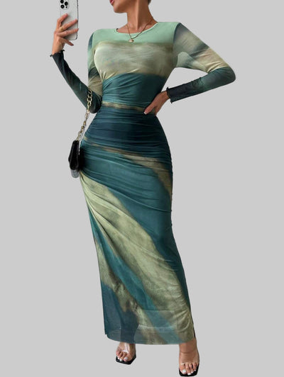 Natalia | Vestido Maxi Bodycon de Manga Larga Impreso y Cómodo