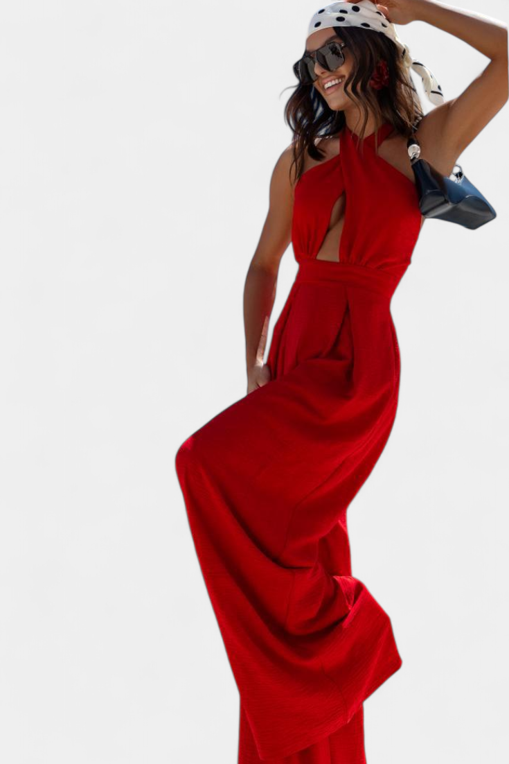 Jessica | Mono Halter Cruzado sin Espalda y Pierna Ancha