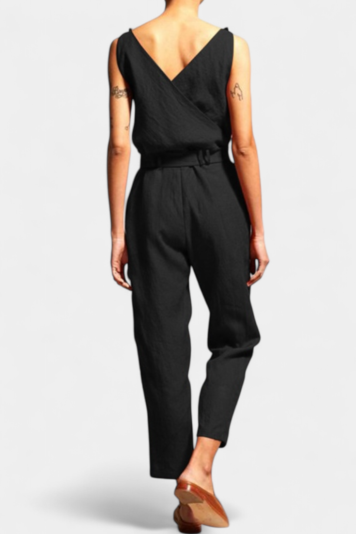 Maggie | Mono Sin Mangas con Escote en V y Cintura Cruzada en Algodón