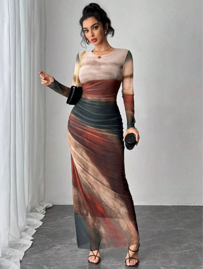 Natalia | Vestido Maxi Bodycon de Manga Larga Impreso y Cómodo