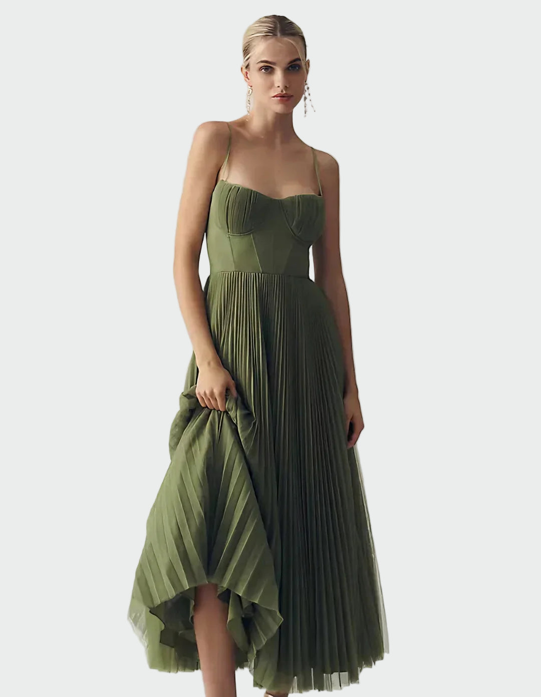 AMBER | VESTIDO DE TUL PLISADO CON DRAPEADO ASIMÉTRICO