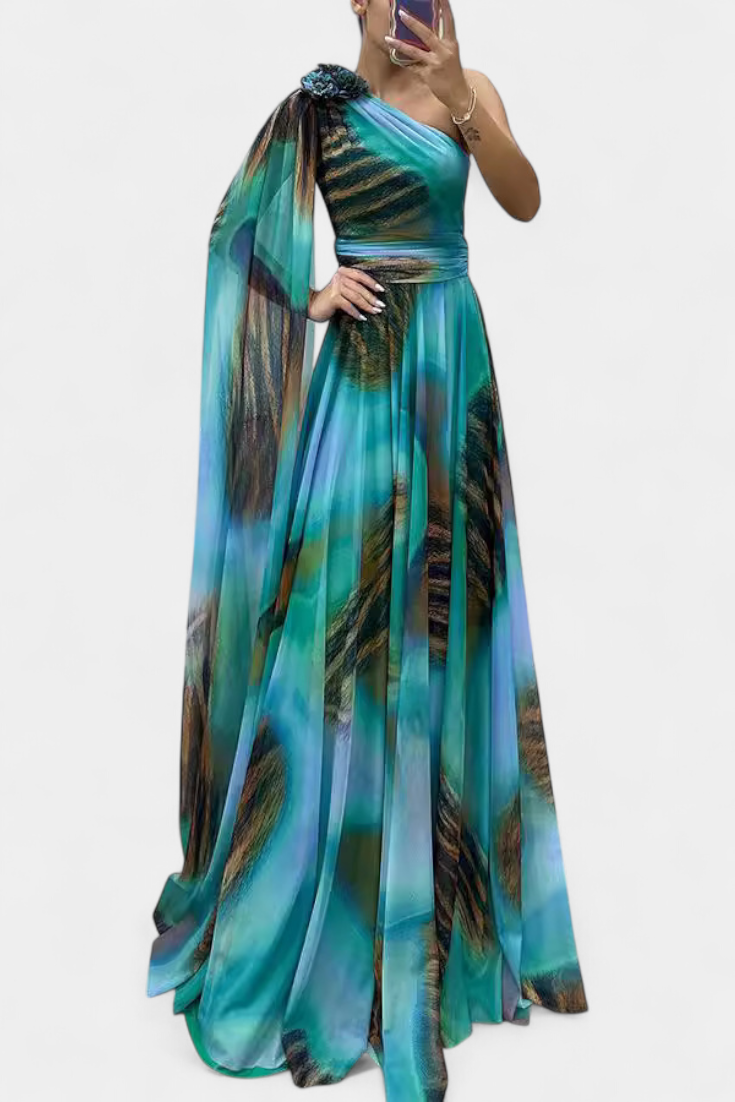 Cedara | Vestido Largo de Un Hombro con Detalle Floral