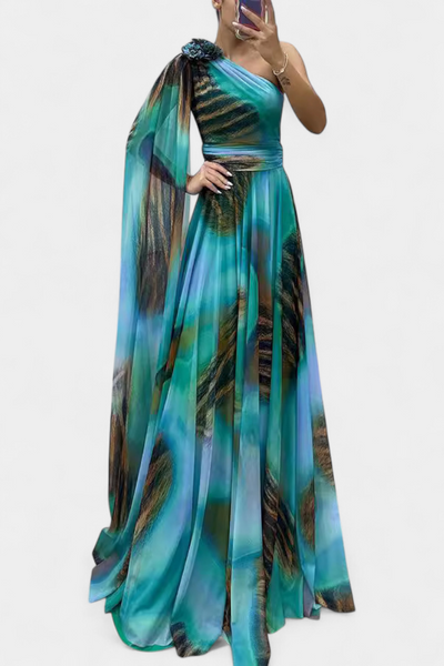 Cedara | Vestido Largo de Un Hombro con Detalle Floral