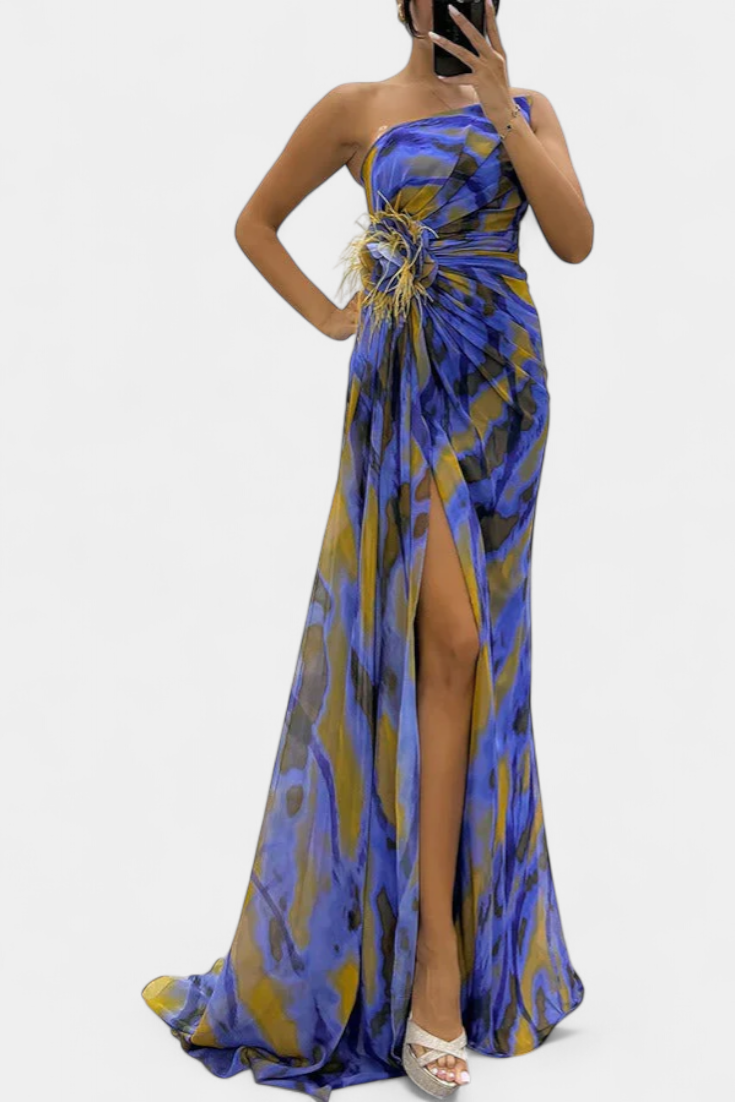 Aylin | Vestido Maxi Asimétrico con Estampado Vibrante