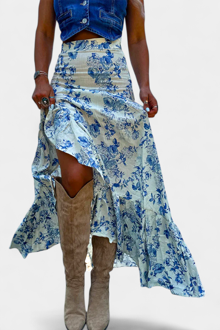 Kala | Falda Maxi Floral con Abertura y Volantes