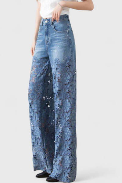 Jasiel | Pantalón Palazzo de Encaje Denim con Bordado Floral