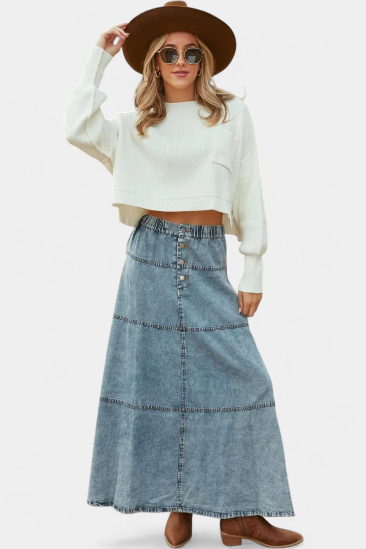 Lorraine | Falda Maxi de Denim con Detalle de Pluma