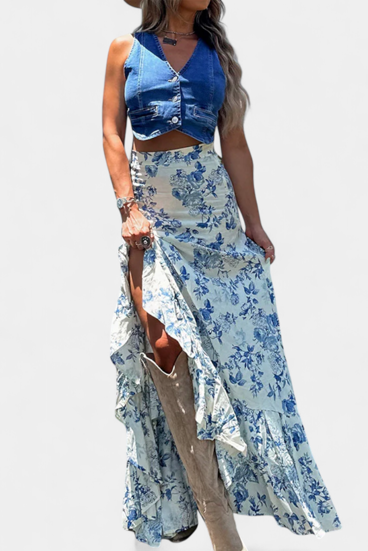 Kala | Falda Maxi Floral con Abertura y Volantes