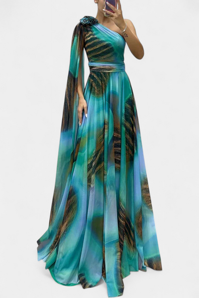 Cedara | Vestido Largo de Un Hombro con Detalle Floral