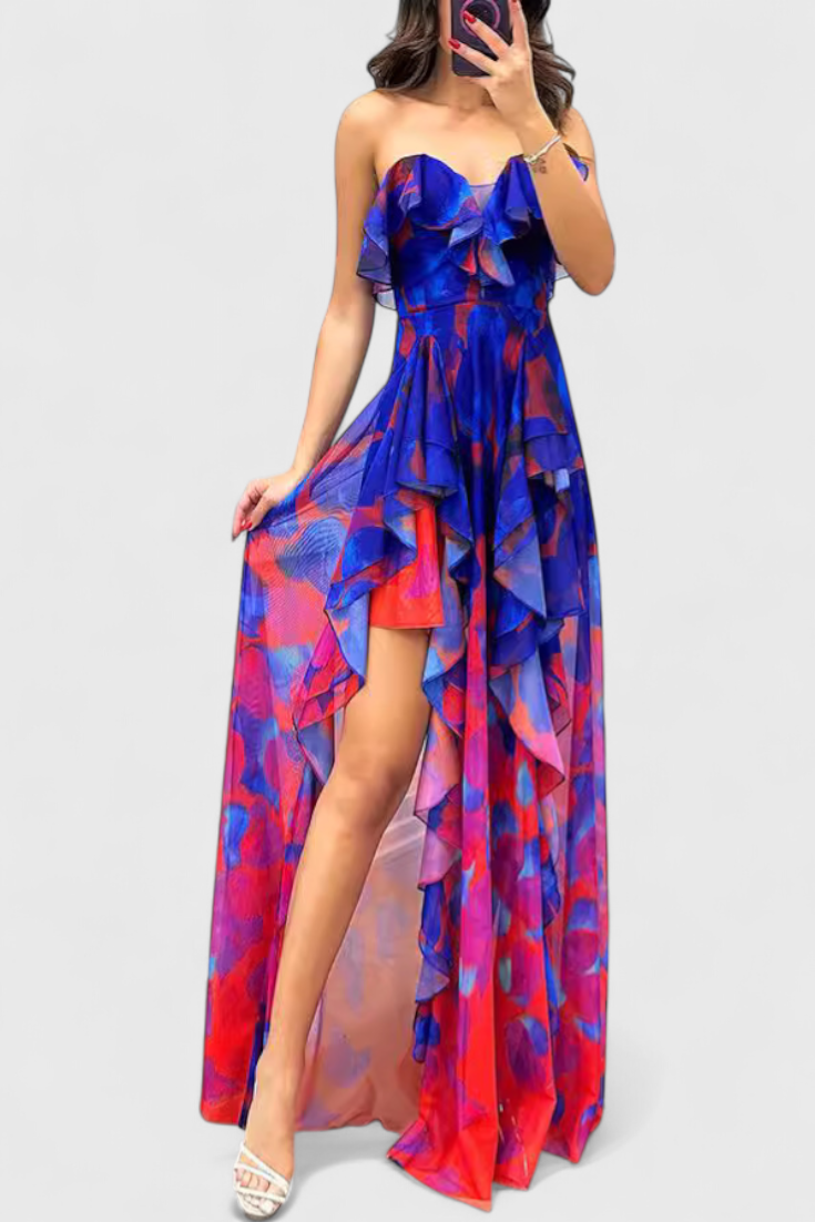 Andy | Vestido Maxi Sin Mangas con Capas de Volantes y Abertura Gradiente