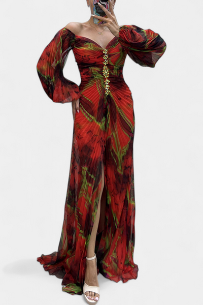 Quintessa | Vestido Maxi Plisado con Mangas Largas y Estampado Vibrante