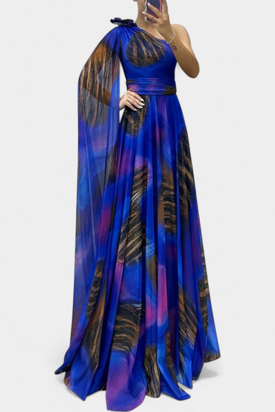 Cedara | Vestido Largo de Un Hombro con Detalle Floral