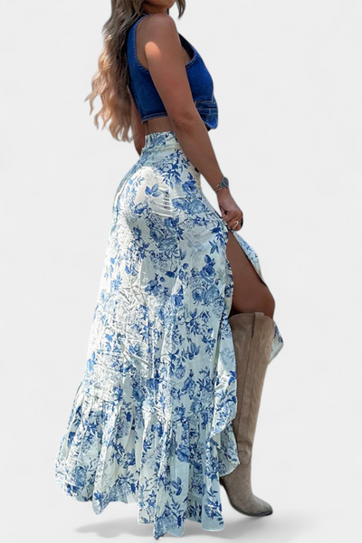Kala | Falda Maxi Floral con Abertura y Volantes