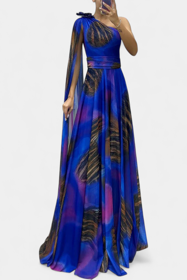 Cedara | Vestido Largo de Un Hombro con Detalle Floral