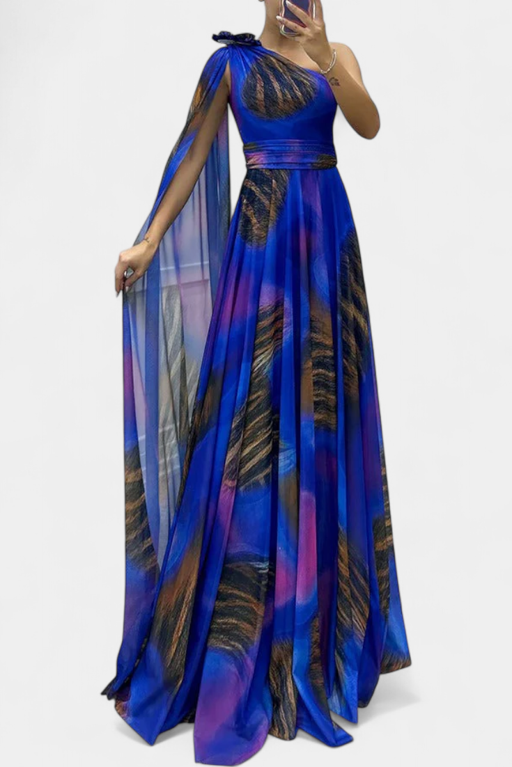 Cedara | Vestido Largo de Un Hombro con Detalle Floral