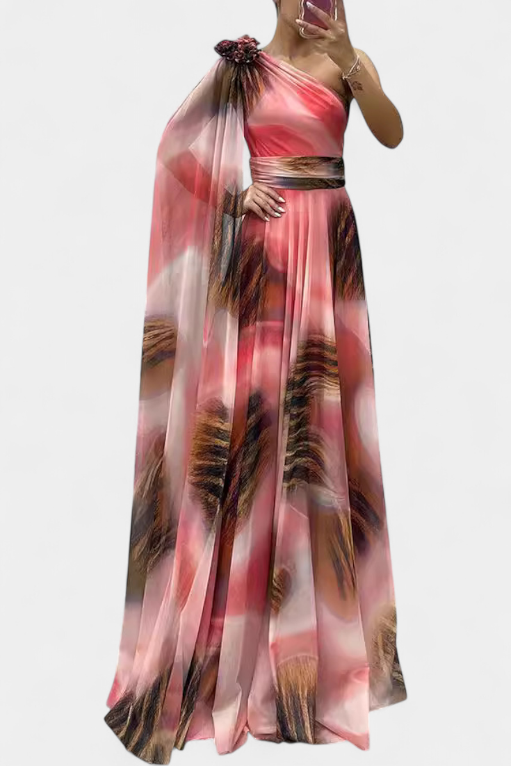 Cedara | Vestido Largo de Un Hombro con Detalle Floral