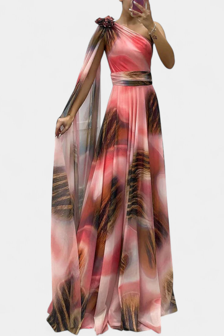 Cedara | Vestido Largo de Un Hombro con Detalle Floral