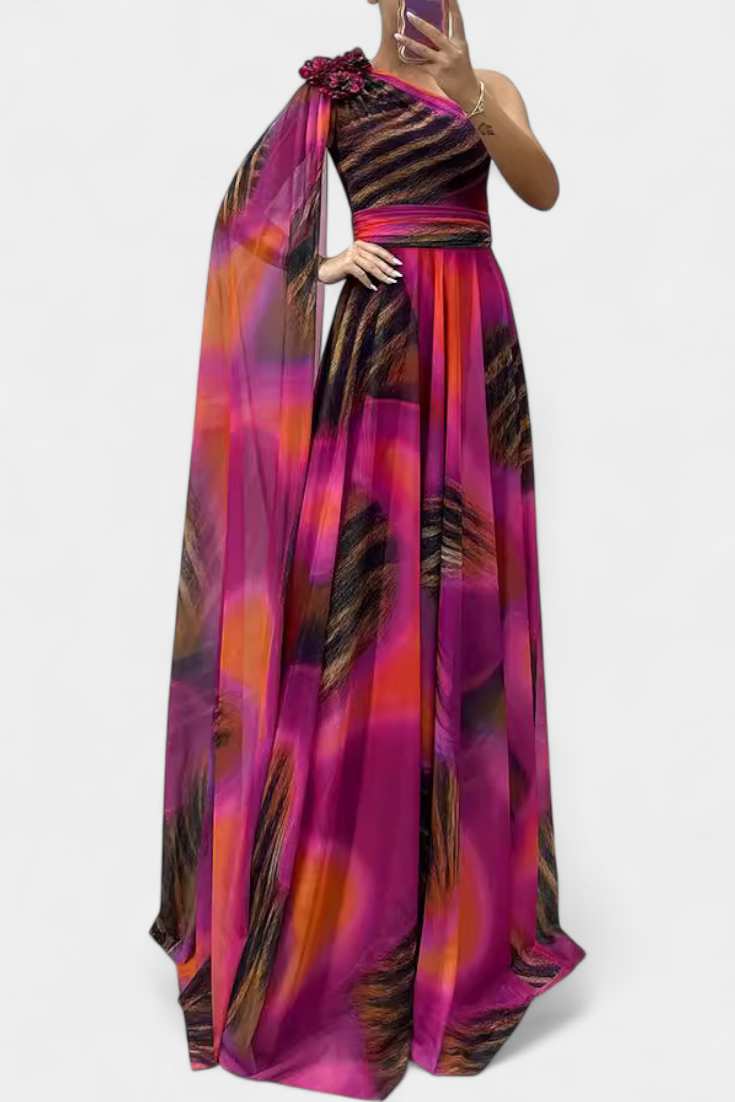 Cedara | Vestido Largo de Un Hombro con Detalle Floral