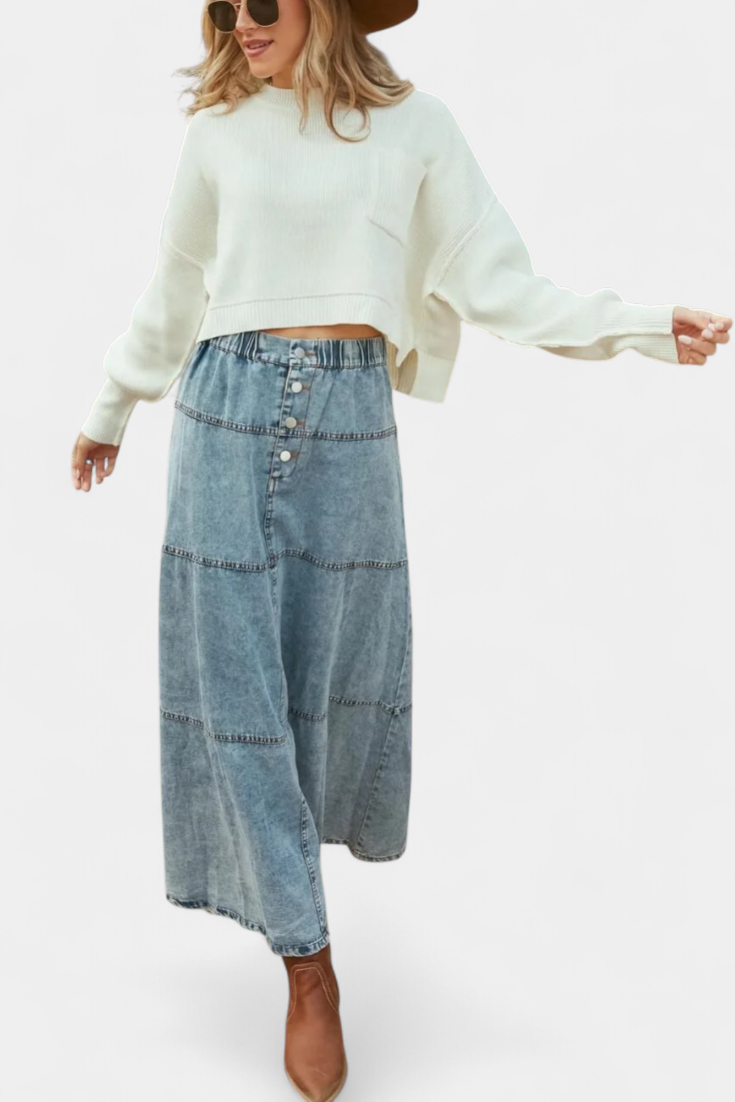 Lorraine | Falda Maxi de Denim con Detalle de Pluma