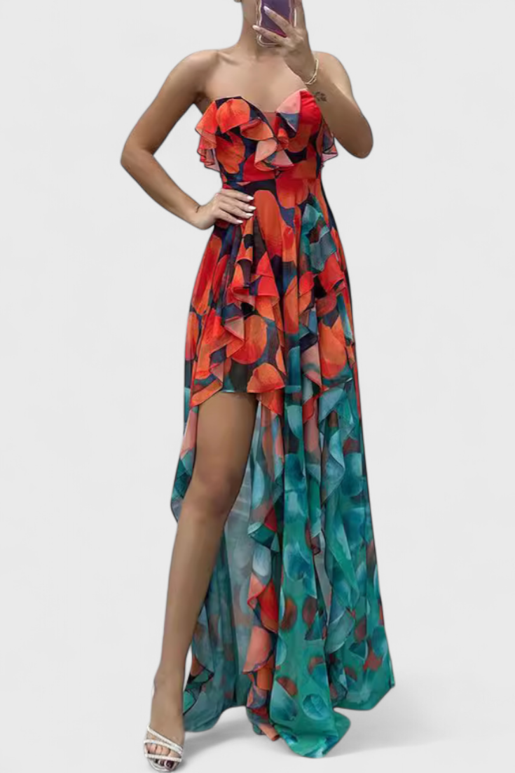 Andy | Vestido Maxi Sin Mangas con Capas de Volantes y Abertura Gradiente