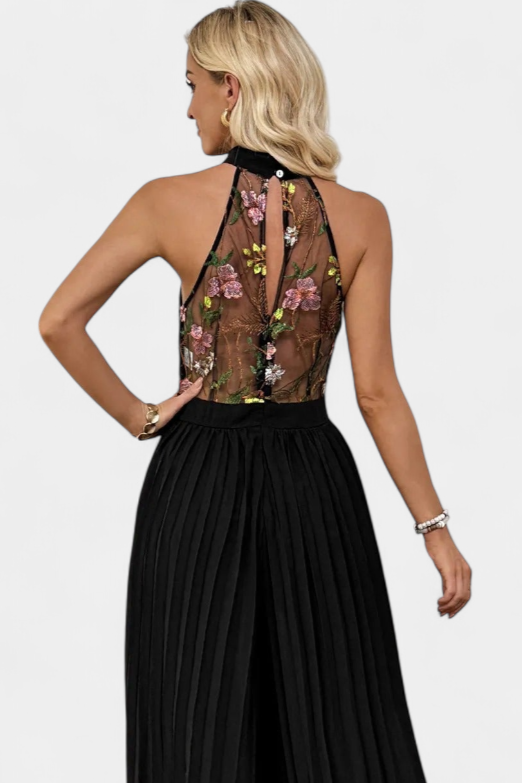 Maruja | Mono Palazzo con Bordado Floral y Encaje Transparente