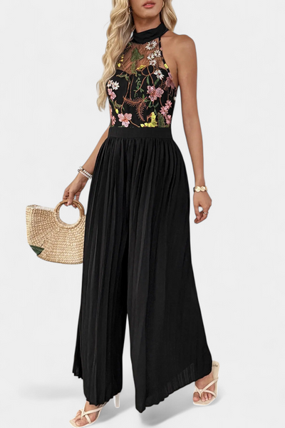 Maruja | Mono Palazzo con Bordado Floral y Encaje Transparente