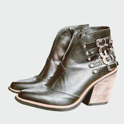 Julia| Botines de Cuero Retro para Mujer en Negro